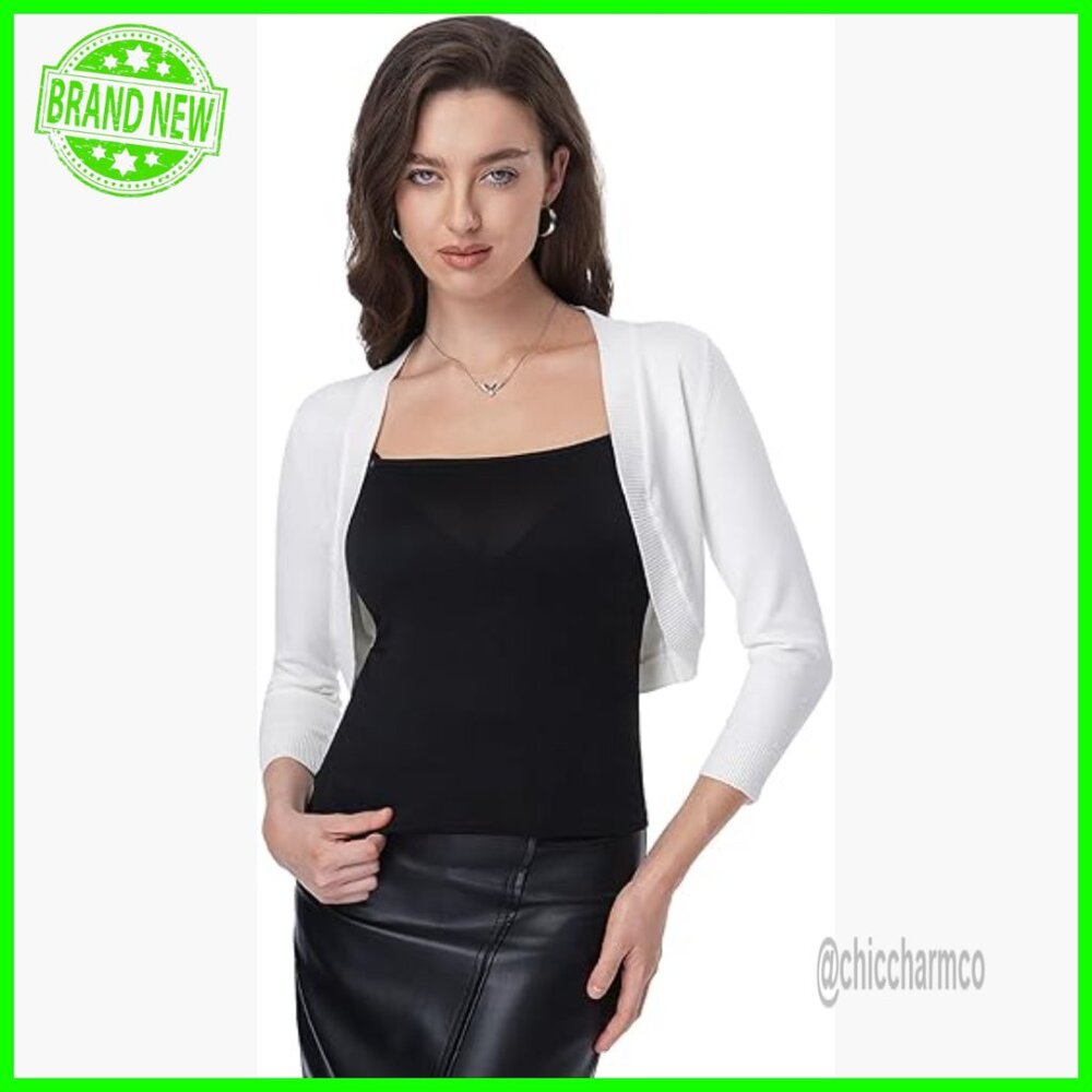 Lightweight Knit Bolero Shrug Cardigan 3/4 Sleeve Fitted V-Neck